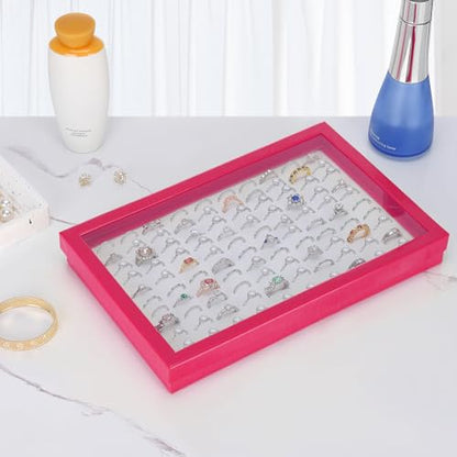 KUKUVR 100 Slots Ring Earring Holder Display Case (Pink) | Velvet, Clear Lid, Ring Earring Storage Organizer Box Tray, for Women and Selling Show - color: Pink
