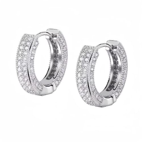 Iced Out Huggie Hoop Earrings for Men and Women, CZ Diamond Earrings, Stainless Steel Hypoallergenic Hinged Hoop Earrings - color: Silver