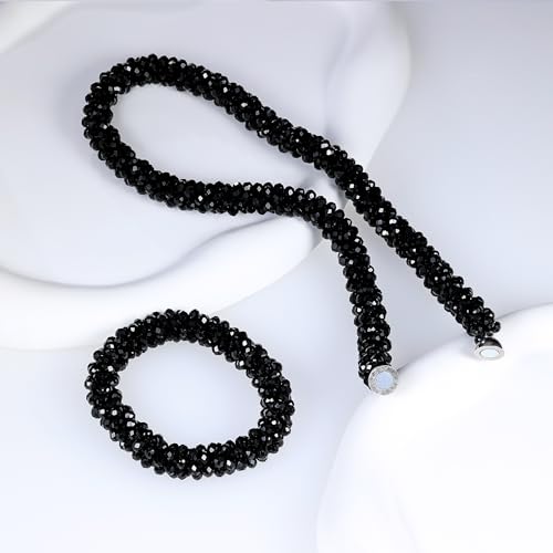 Hand Knotted Beads Statement Necklace Bracelet Jewelry Set Artificial Crystal Choker for Women- Handmade Beaded Strand Sparkly Faceted Crystal Rondelle-17inches, 30 Colors - color: Black Set