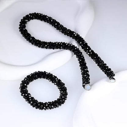 Hand Knotted Beads Statement Necklace Bracelet Jewelry Set Artificial Crystal Choker for Women- Handmade Beaded Strand Sparkly Faceted Crystal Rondelle-17inches, 30 Colors - color: Black Set