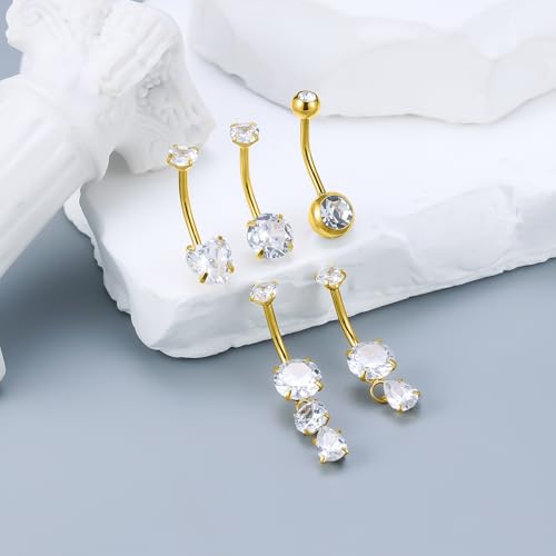 Vsnnsns 14G Dangle Belly Button Ring Piercing Jewelry 316L Stainless Surgical Steel Round Heart Cubic Zirconia Navel Rings Dangling Belly Button Ring Piercing Jewelry for Women 14 Gauge Hypoallergenic - color: Gold-16MM Bar-Clear CZ