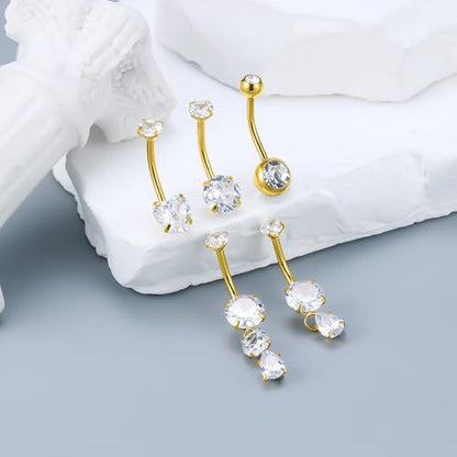 Vsnnsns 14G Dangle Belly Button Ring Piercing Jewelry 316L Stainless Surgical Steel Round Heart Cubic Zirconia Navel Rings Dangling Belly Button Ring Piercing Jewelry for Women 14 Gauge Hypoallergenic - color: Gold-16MM Bar-Clear CZ