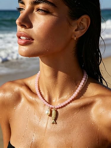 Fish Shell Necklace for Women, Beaded Necklaces Boho Statement Necklace, Pearl Necklaces Summer Beach Vacation Dress & Costume Jewelry - color: Pink- fish