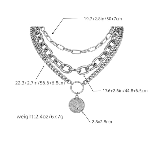 Gold Chunky Layered Coin Necklaces for Women Trendy Cuban Link Paperclip Chains Necklace Stack Coin Pendant Necklace Set Jewelry Gifts - color: Silver
