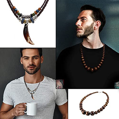 Wood Bead Necklace Africa Wooden Chain Statement Unisex Chunky Necklaces - color: Tooth Necklace+Classic Brown Necklace