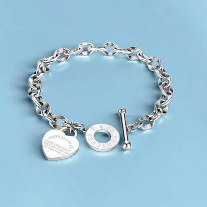 Charm Bracelet for Women 18k Gold/Silver/Rose Gold Plated Love Heart Elegant OT Clasp Stainless Steel Green Bag Packaging Jewelry Gift Birthday - color: Silver, size: 8 inch
