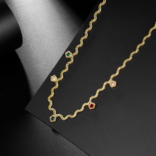 Hipunk Women Gold Plated Stainless Steel Wave Rope Chain Collar Necklace with Colorful Zirconia Flower Heart Charms Choker, Adjustable 16+2 Inch - color: flower