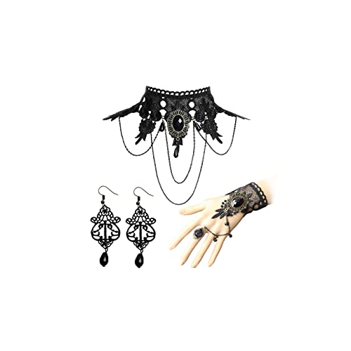 HUASAI Gothic Jewelry Set for Women, Black Lace Choker Necklace Earrings Bracelet Ring Set, Halloween Costume Accessories for Witch Vampire Outfits, Vintage Goth Party Jewelry - color: Set D
