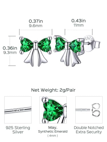 ChicSilver 925 Sterling Silver Bow/Butterfly Earrings for Women Hypoallergenic Birthstone Earrings Dainty Bow/Butterfly Jewelry Gift for Women - color: Bow-May-Emerald