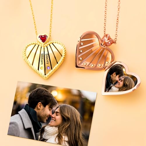 AILIN Custom Heart Locket Necklace With Picture Brass Personalized Mom Necklace With 1-6 Birthstones&Names Memorial Photo Necklace Mothers Day Jewelry Birthday Gifts for Women Grandma