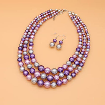 Chunky Layered Imitation Pearl Necklace for Women 3 strand Pearl Necklaces Faux Pearl Necklace Earrings Set 1920s Flapper Gatsby Costume Accessories - color: 3 strand pearl necklace purple grey