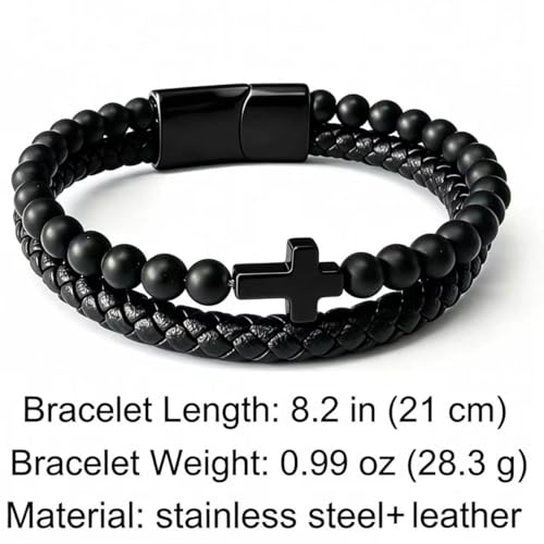 Italian Handmade Leather Bracelets for Men - color: Black Cross, size: 8.2"