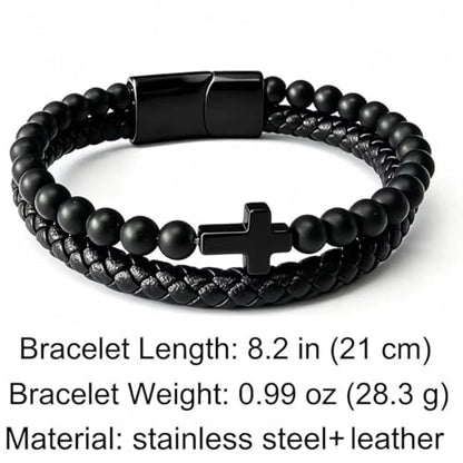 Italian Handmade Leather Bracelets for Men - color: Black Cross, size: 8.2"