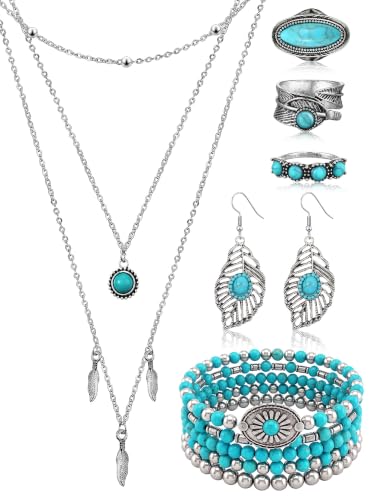 Ecally Bohemian Western Jewelry Turquoise Set Women Country Pendant Long Choker Layered Bracelets Earrings Ring for Women - color: Turquoise, style: Modish