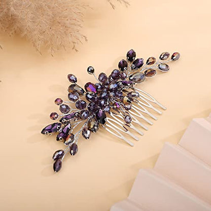 Teyglen Rhinestone Wedding Headpieces Bridal Purple Crystal Hair Comb Hair Accessories for Bride Handmade Red Black Blue Hair Pieces for Women Girls - color: Purple