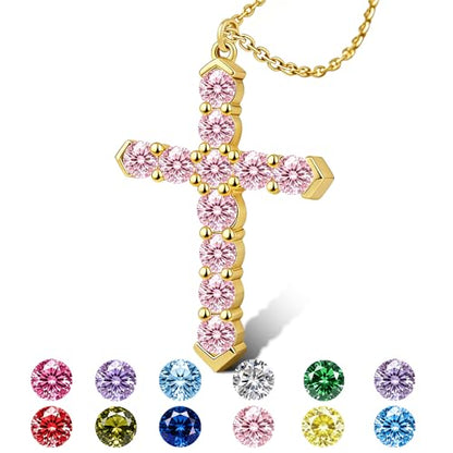 Cross Necklace for Women, Silver Cross Pendant Necklaces | 14K Gold Plated, Dainty CZ Cross Necklace, Non Tarnish and Hypoallergenic Jewelry for Women, Christian Religious Faith Gifts - color: 02-Gold-Pink