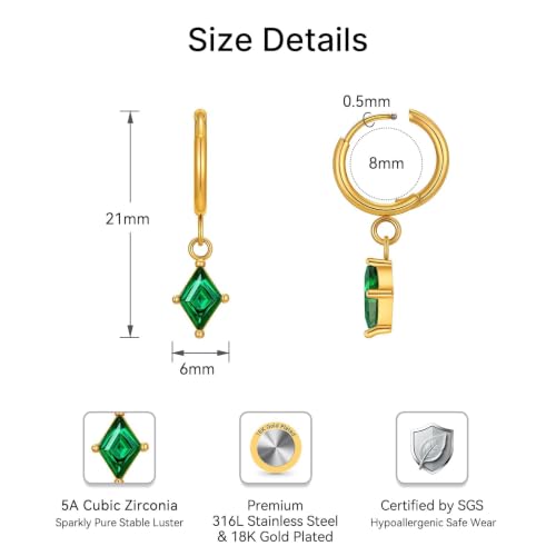 Surgical Steel Hoop Earrings for Women - Hypoallergenic Small Cartilage Huggies with Cubic Zirconia Dangle - color: Green-18K Gold Plated
