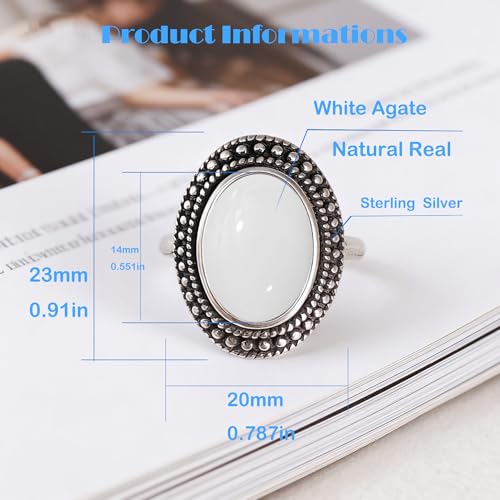 Retro Sterling Silver Stone Ring,Antique Natural Real Oval Crystal Quartz Gemstone Boho Bohemian Ring Jewelry for Women - color: A05_White Agate