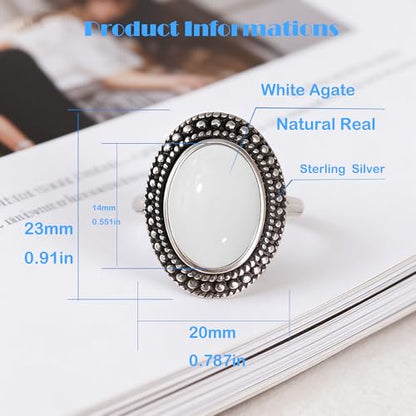 Retro Sterling Silver Stone Ring,Antique Natural Real Oval Crystal Quartz Gemstone Boho Bohemian Ring Jewelry for Women - color: A05_White Agate