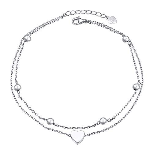 Flyow Anklet for Women S925 Sterling Silver Adjustable Foot Beaded Heart Charm Ankle Bracelet Anklets Jewelry - style: heart charm 9+1