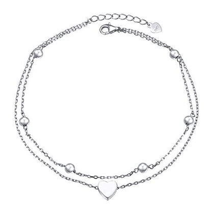 Flyow Anklet for Women S925 Sterling Silver Adjustable Foot Beaded Heart Charm Ankle Bracelet Anklets Jewelry - style: heart charm 9+1