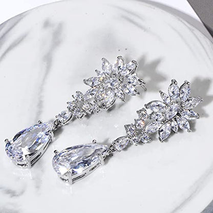 CZ Bridal Earrings for Wedding - 14k Plated Sterling Silver Elegant Teardrop Cubic Zirconia Crystal Rhinestone Floarl Leaf Cluster Chandelier Statement Dangle Drop Earrings for Bride Bridesmaids Party - color: Silver Tone