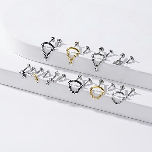 BelezaDosas G23 Titanium Labret Studs Threadless Push-in Labret Press Fit 16G Cluster Helix Lobe Conch Tragus Push Back Piercing Jewelry - style: gold chain CZ