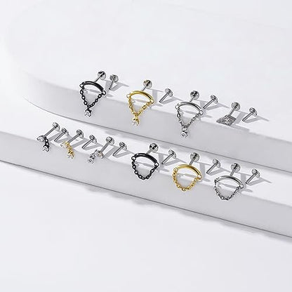 BelezaDosas G23 Titanium Labret Studs Threadless Push-in Labret Press Fit 16G Cluster Helix Lobe Conch Tragus Push Back Piercing Jewelry - style: gold chain CZ