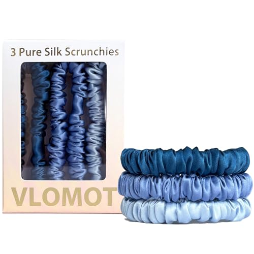 VLOMOT 3 Pcs Set 100% Pure Mulberry Silk Hair Scrunchies (Blue) | Silk Hair Ties for Thin Hair with 3 Chic Colors Everyday Skinny Scrunchies Silk Ponytail Holders Hair Care No Damage - color: Blue