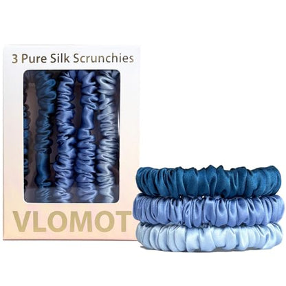 VLOMOT 3 Pcs Set 100% Pure Mulberry Silk Hair Scrunchies (Blue) | Silk Hair Ties for Thin Hair with 3 Chic Colors Everyday Skinny Scrunchies Silk Ponytail Holders Hair Care No Damage - color: Blue