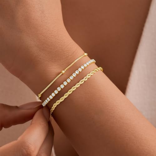 Turandoss Gold Bracelets for Women - Dainty 14K Gold Plated Tennis Bracelet | Stackable Cross Beaded Set, Twisted Rope Chain, Snake Paperclip Chain, Knot Cuff Bracelets for Women, Jewelry Gifts - color: Satellite Tennis Set