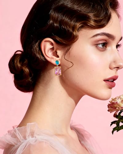 14K Gold Plated Pink Crystal Stud Square Stone Drop Dangle Geometric Earrings for Women Vacation Jewelry - color: Pink＆Blue