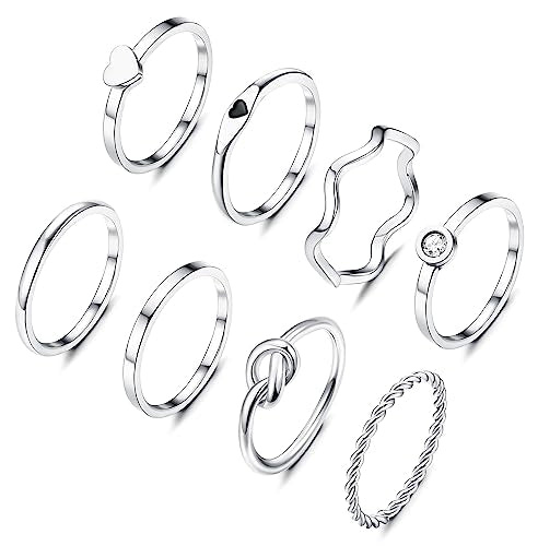 YADOCA Stainless Steel Stackable Rings for Women Non Tarnish Silver Ring | 8pcs 2MM Thin Stacking Thumb Rings 14K Gold Plated Knuckle Statement Band Ring Set Simple Heart Knot Size 5-11 - color: Silver