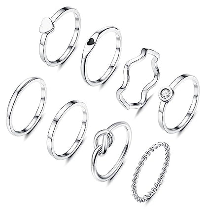 YADOCA Stainless Steel Stackable Rings for Women Non Tarnish Silver Ring | 8pcs 2MM Thin Stacking Thumb Rings 14K Gold Plated Knuckle Statement Band Ring Set Simple Heart Knot Size 5-11 - color: Silver
