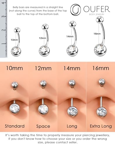 OUFER Belly Button Rings Surgical Steel, Internally Threaded Belly Rings | 14G Belly Piercing Jewelry, 10/12/14/16mm Beachy Belly Button Rings, Silver/Gold Navel Piercing Jewelry For Women Men - color: Clear, size: 14G 14MM
