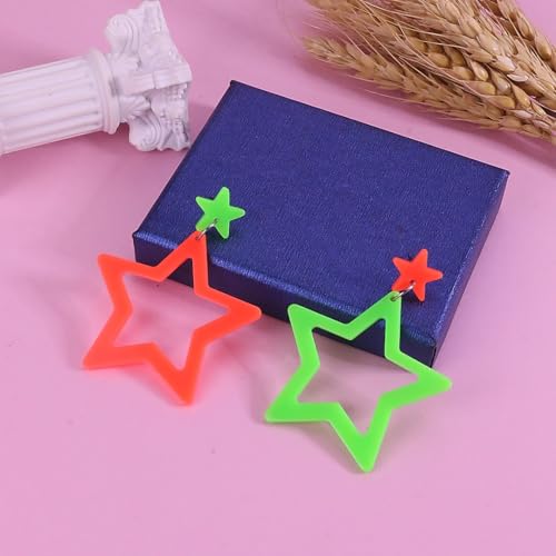 Colorful 80s 90s Neon Star Earrings for Women Retro Glow Party Costume 80s 90s Acrylic Dangle Earrings Outfit - style: Exchange Orange and Green