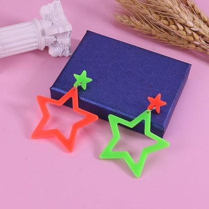 Colorful 80s 90s Neon Star Earrings for Women Retro Glow Party Costume 80s 90s Acrylic Dangle Earrings Outfit - style: Exchange Orange and Green