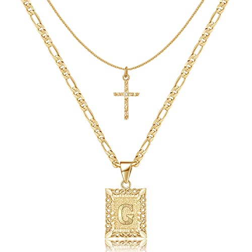 KELORIS PATH Gold Layered Initial Cross Necklace, 14K Gold Plated Layering Square Letter Pendant Figaro Chain Cross Choker from A-Z Capital Jewelry for Women Girls | 14K Gold Plated Square/Hexagon Letter Pendant with Figaro Chain, Stackable Jewelry Gifts,