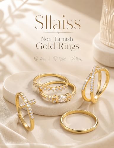 Sllaiss Stackable Gold Rings for Women Non-Tarnish 14K Gold Plated Ring Set | Non Tarnish, Dainty Stacking Ring Set, Ring Stack, Cubic Zirconia Thumb Rings, Promise Wedding Bands, Stackable Rings - color: 14K Gold Clear CZ
