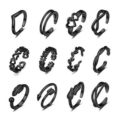 TOBENY 12PCS Gold Toe Rings for Women Non Tarnish Adjustable Open Set | Rose Black Waterproof Toe Ring Set, Sterling Silver Toe Rings, Flower Arrow Tail Band, Dainty Summer Beach Foot Jewelry - color: D-Black Color