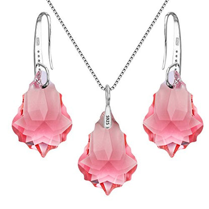 EleQueen 925 Sterling Silver CZ Baroque Drop Pendant Necklace Dangle Earrings Set Made with Austrian Crystal, Valentine's Day/Mother's Day/Christmas Jewelry Gift - color: Pink