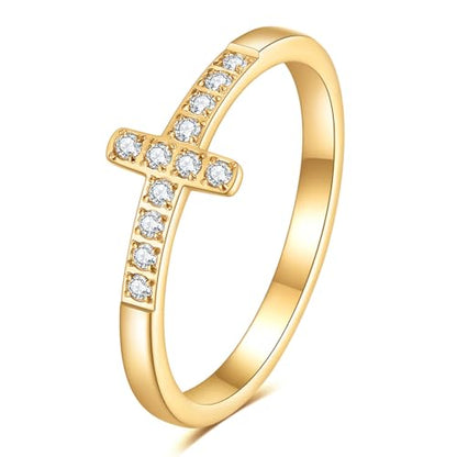 2mm 5mm Tainless Steel Cubic Zirconia Wedding Band Rings For Women,Stackable No Tarnish Fashion Cross Rings Size 4-10 - color: Cross-gold