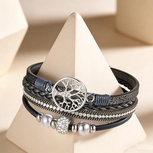 hotoo Leather Wrap Bracelets for Women Tree of Life Cuff Bracelets Pearl Rhinestone Bead Multi-Layer Bracelets Bohemian Jewelry Gift for Women - color: Gray