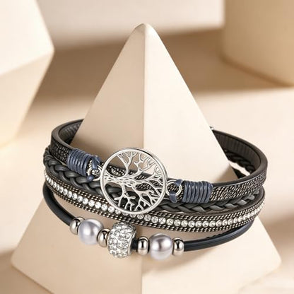 hotoo Leather Wrap Bracelets for Women Tree of Life Cuff Bracelets Pearl Rhinestone Bead Multi-Layer Bracelets Bohemian Jewelry Gift for Women - color: Gray