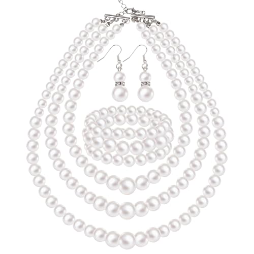Jmkcoz 1920s Pearl Necklace Bracelet and Earrings Costume Jewelry Set for Women 80s Wedding Tea Party Gift