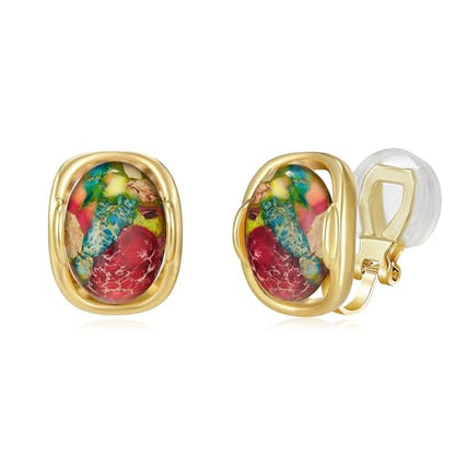 YOQUCOL Natural Stone Trendy Clip On Stud Earrings for Women Gold Plated Non Pierced Statement Earrings Fashion Jewelry - color: Oval-Colorful