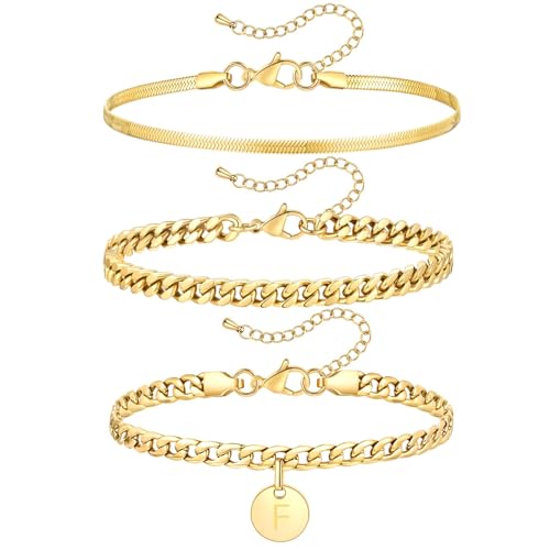 FOSIR Gold Initial Ankle Bracelets for Women, 14k Gold Plated Layered Anklets for Women 3Pcs Waterproof Stainless Steel Cuban Link Herringbone Chain Anklets Set - style: F-gold