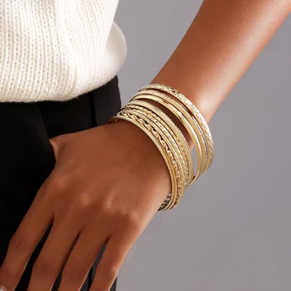 Gold Bangles for Women, 12 Pcs Boho Stackable Bracelets Multi Layer Textured Chunky Bracelets Jewelry Set for Women - color: Style D- 10 pcs gold