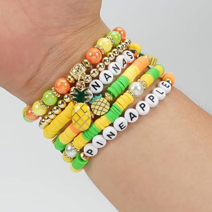 Twinfree Bohemian Cute Fruit Banana Cherry Strawberry Pineapple Mango Polymer Clay Beaded Stackable Stretch Bracelets - color: Color 1