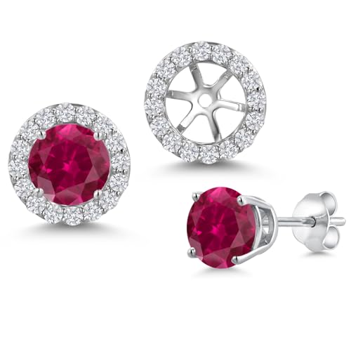 Gem Stone King 14K White Gold 6MM Round Gemstone Birthstone Stud Earrings with Removable Jackets and Lab Grown Diamond Accents | Gold Earrings For Women | Fine Jewelry Gift for Her Mom Women Wife - color: Created Ruby-July